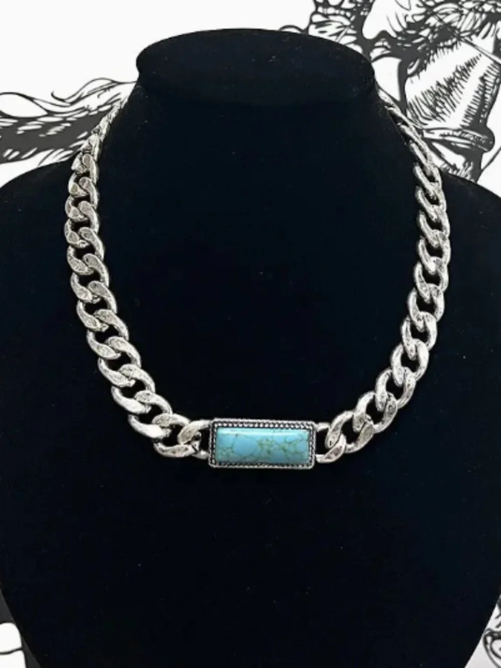 Turquoise Semi Stone Bar Pendant Chunky Silver Chain Necklace NWT